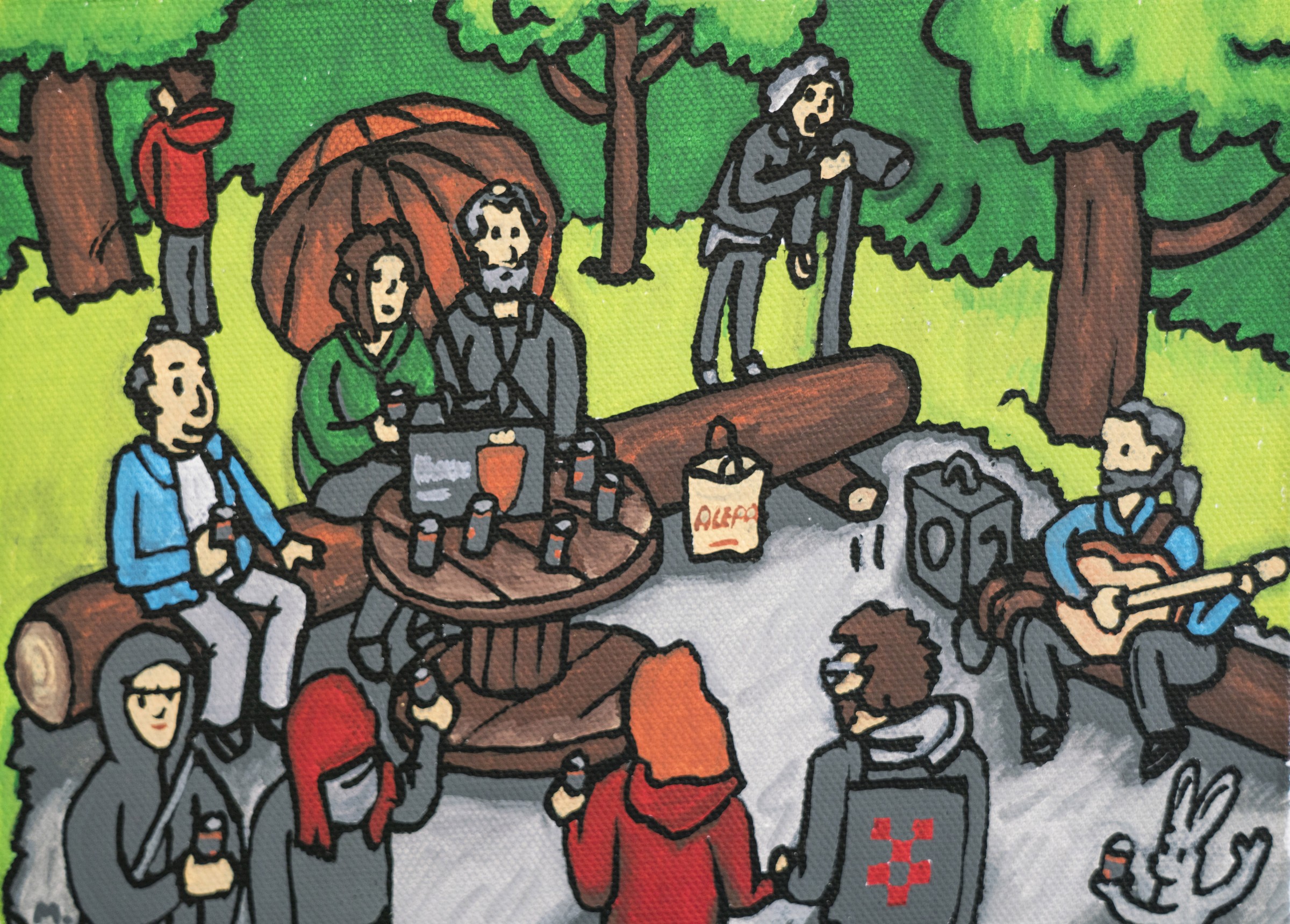 Partizaning, painting of people in Metsäbaari by Anton Polskiy